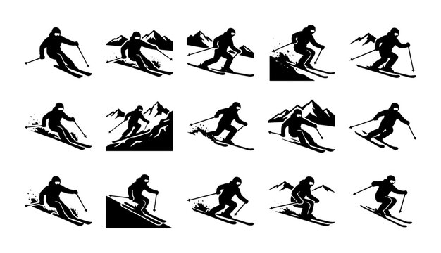 Skiing silhouette icons set, 15 black and white downhill skier vector graphics, mountain winter sports athlete silhouettes for resort signage