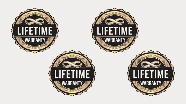 Four golden circular vector illustration badge designs featuring the words lifetime warranty and infinity symbol icons