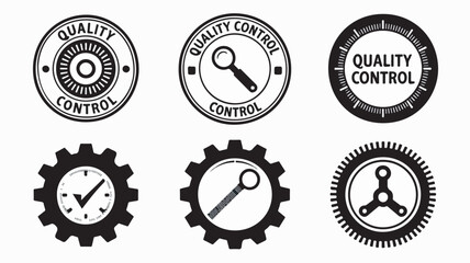 Obraz premium Set of black and white quality control vector graphic icons featuring gears and magnifying glasses