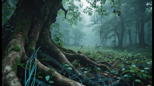 Misty Forest Path with Ancient Tree Roots and Lush Greenery