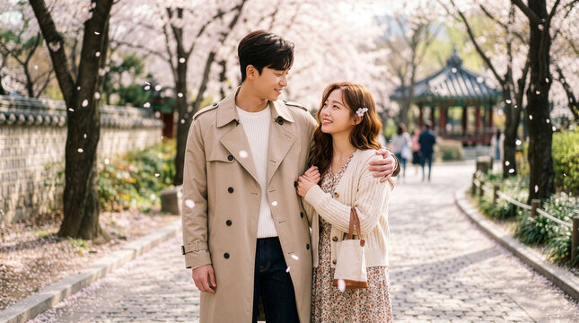 Young Couple Walking Together in Cherry Blossom Park.