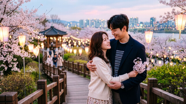Romantic Couple Embracing on Wooden Bridge Under Cherry Blossoms in Park.