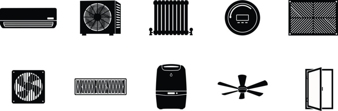 "HVAC silhouette icons, air conditioner, condenser unit, radiator, thermostat, vent grille, exhaust fan, air filter, humidifier, ceiling fan, window"