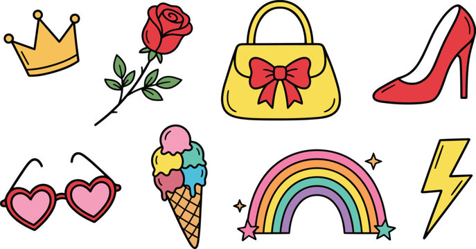Cute Girly Sticker Set with Crown Rose Handbag High Heel Heart Sunglasses Ice Cream and Rainbow Vector Illustration Clipar