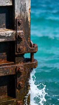 Close Up Focus On Heavy Metal Tidal Flood Gate Restraining High Ocean Water Level In Funafuti