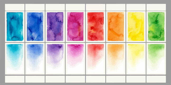 Set of watercolor paint samples in rectangular grid format with watercolor swatches painting creative background