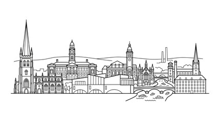 Fototapeta premium Cityscape Outline: Historic Buildings and Riverfront in Black and White