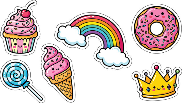Cute Kawaii Sticker Set with Cupcake Rainbow Donut Lollipop Ice Cream and Crown Vector Illustration Clipart Patch Design