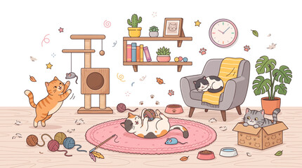 Fototapeta premium Playful cats enjoying cozy indoor moments surrounded by yarn toys