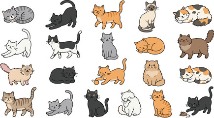 Fototapeta premium Cute Cartoon Cat Collection with Different Breeds Colors and Poses Domestic Kitten Pet Vector Illustration Clipart Set