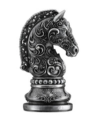 Baroque chess knight with ornamental engraving, luxury silver chess piece, highly detailed 3D isolated on transparent background. Classic strategy game figurine with antique craftsmanship. PNG image © A-Quantix