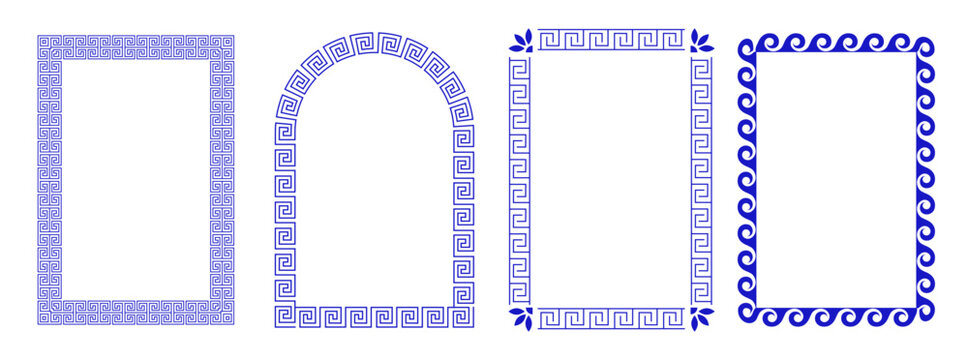 Greek decorative frame collection with geometric meander borders and Mediterranean ornament. Modern blue and white vector illustrations set.