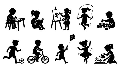 Obraz premium Children Engaging in Various Activities Such as Reading, Painting, Playing, and Gardening Featuring Kids, Drawing, Jumping