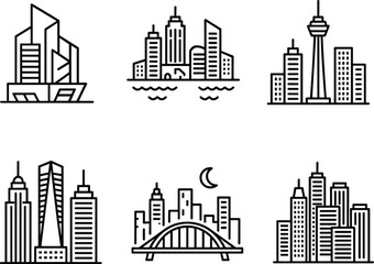 Fototapeta premium World City Skyline and Landmark Building Icons Set, Line Art Vector