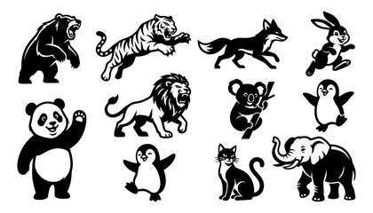 Fototapeta premium Lion, Tiger, Bear, Panda, Elephant and Other Animal Icons Set on White Background in Bold Black Silhouette Style
