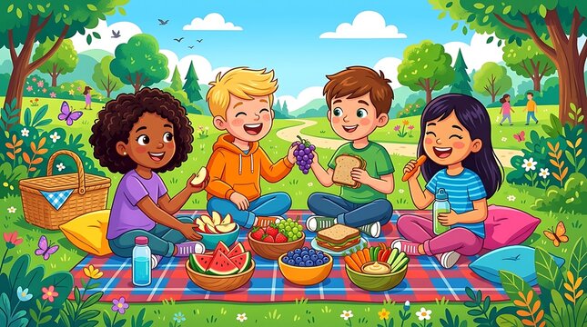 Four children enjoy a picnic in a park with food and drinks on a blanket