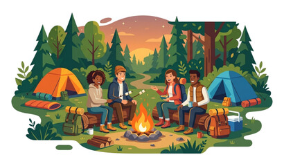 Fototapeta premium Outdoor Camping Hiking Group Resting and Cooking Marshmallows by Campfire Flat Vector Illustration