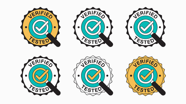 Set of six colorful vector badge illustrations featuring verified and tested icons for quality assurance stamps