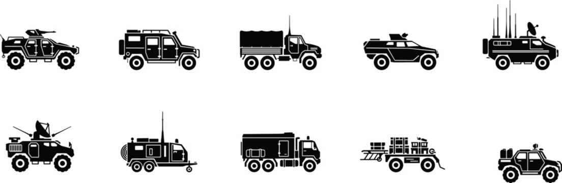 "Military vehicle silhouette icons, armored personnel carrier, communication truck, cargo transport, reconnaissance vehicle, mobile command unit"