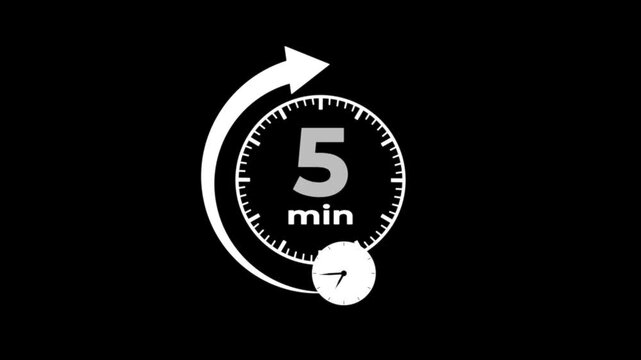 Arrow Clock 5-minute icon.Digital and analog clock 5 minutes on black background. 5 minute timer symbol isolated on transparent background with alpha channel.