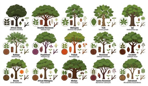 Exotic tropical hardwood botanical tree vector bundle featuring African ebony and Brazilian rosewood isolated on white background