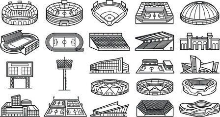 Sports stadium arena architecture and athletic field vector line icons set featuring soccer football baseball basketball and running track venues © SAHEDUL