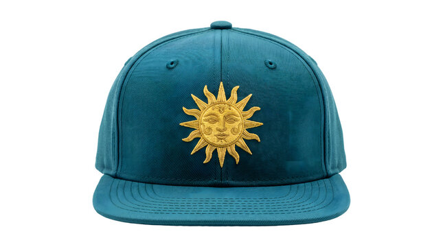 Snapback cap in teal blue with a large gold embroidered sun face design on the front panel rendered as a PNG on a transparent background
