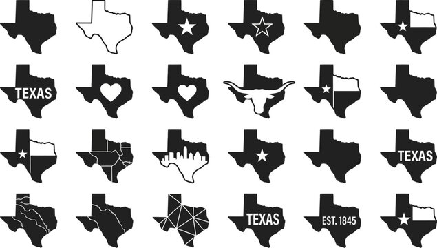 Texas state map icons in various designs and styles for graphic resources