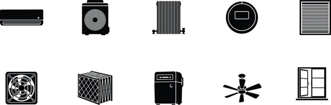 "HVAC silhouette icons, air conditioner, condenser unit, radiator, thermostat, vent grille, fan, air filter, dehumidifier, ceiling fan, window"