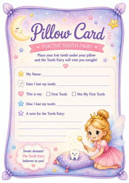 Cute Tooth Fairy pillow card template for kids, with pastel colors, stars, moon, and a magical fairy illustration. Perfect for losing baby teeth and gifting to children.