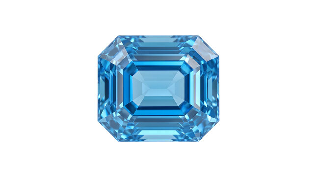 Gemstone rendered as a vivid blue topaz in an emerald cut with step facets and deep reflections saved as a PNG on a transparent background