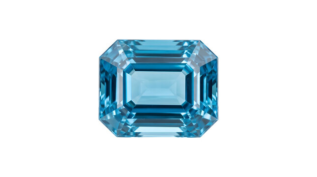 Gemstone rendered as a large clean blue topaz in an emerald cut with crisp step facets and sharp polished edges saved as a PNG on a transparent background