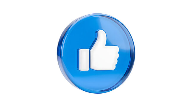 Like button rendered as a glossy 3D blue circular badge with a raised white thumbs up icon saved as a PNG on a transparent background