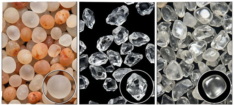 Comparative scientific diagram showing quartz grain shapes (round matte, unworn, and sub-rounded glossy) based on wind, river, and beach transport environments.