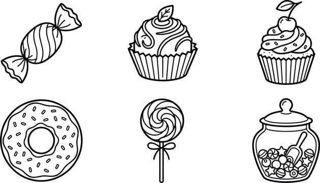 Sweet candy and bakery confectionery line icon set featuring wrapped caramel chocolate truffle cherry cupcake sprinkled donut lollipop and glass jar