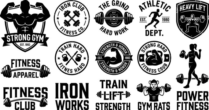 Collection of fitness and gym logos and labels with weights and motivational phrases