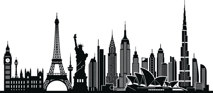Silhouette of famous city skylines and landmarks around the world in black on white background