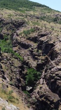 Aerial view of deep tectonic gorge and green overgrown ravines in Kazakhstan
