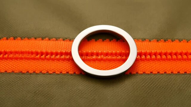 Close up of a silver ring pull sliding on an orange zipper of green fabric.