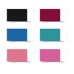 Fototapeta premium Set of six rectangular ticket stubs with scalloped edges in various solid colors and dark curved bases isolated on a transparent background