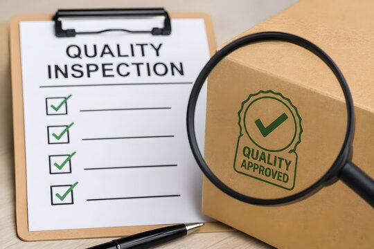 Quality inspection checklist with approved stamp on a box, representing business quality control.