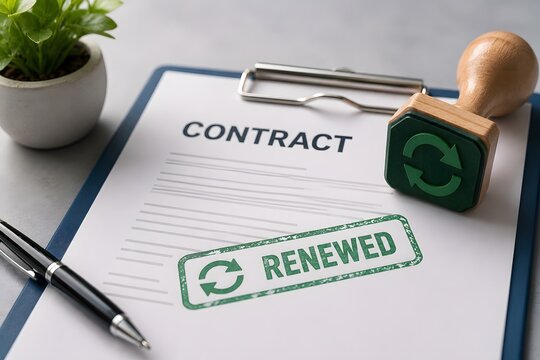 A close-up shot of a contract document stamped RENEWED, emphasizing business agreements and legal documentation.