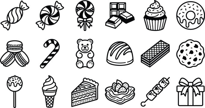 Sweet desserts and candy confectionery black line icon set with cupcake donut macaron cookie ice cream cake slice and gummy bear