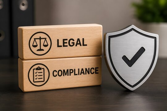 Wooden blocks stacked with the words LEGAL and COMPLIANCE next to a shield with a checkmark, symbolizing security and adherence to regulations.