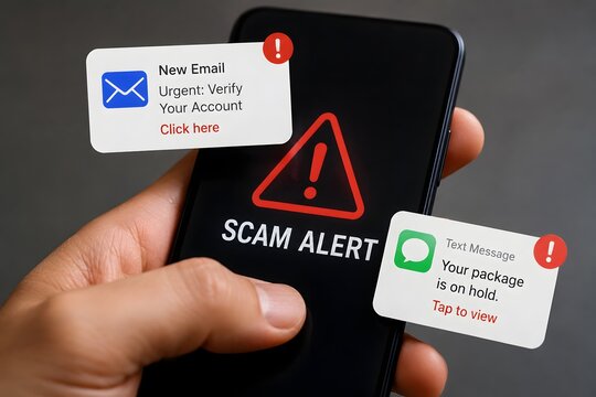 A smartphone displaying a scam alert with fake notifications for the concept of online fraud and phishing.