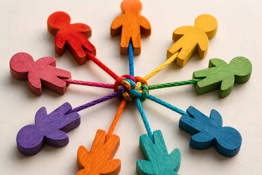 Colorful wooden people figures connected by strings in a circle, symbolizing unity and community.