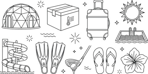 Summer vacation and resort travel line art vector icons set with dome tent luggage swimming pool slide golf © MdMursalin