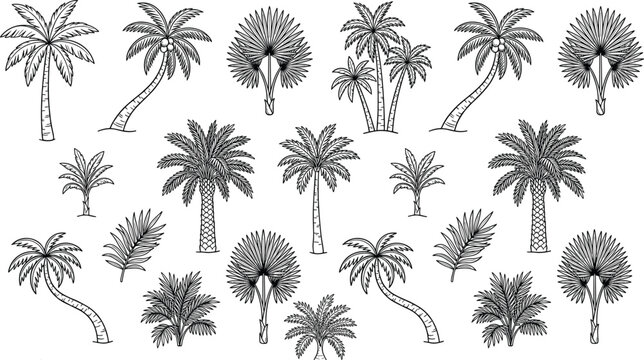 Tropical palm trees and exotic coconut leaves hand drawn sketch vector set for summer beach vacation and resort logo design