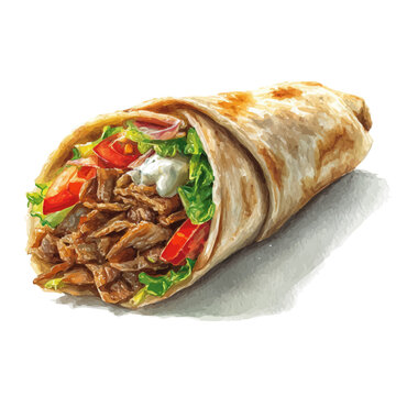 Stylized watercolor Beef Shawarma vector, modern artistic illustration with high-quality details on a pure white background.