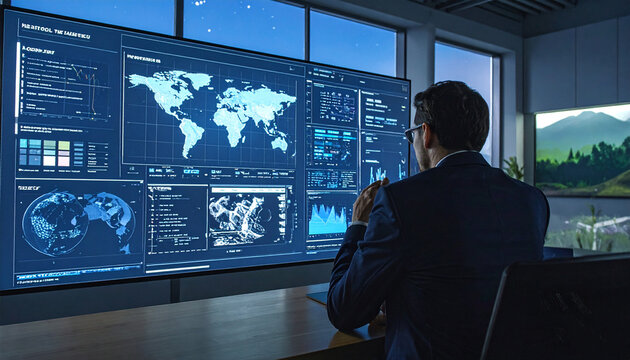 Global Data Analysis: A businessman in a suit analyzes complex global data displayed on a large, high-tech monitor featuring world maps, charts, and statistics in a modern office setting.